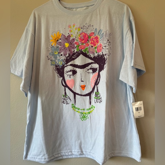 Tops - Frida-inspired Floral Graphic Tee in Light Blue